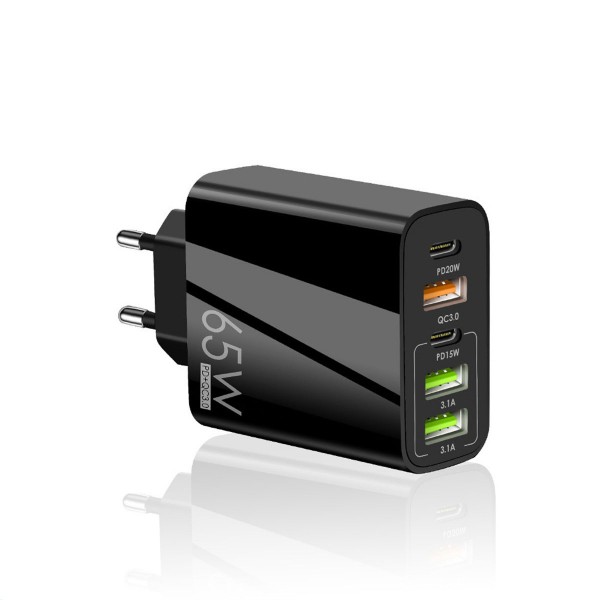 Încărcător Rapid 65W, 5 Porturi USB, 3x USB-A, 2x USB-C, Compatibil iPhone, Samsung, Xiaomi, Huawei, Multiport pentru Telefon, Smartwatch, Negru