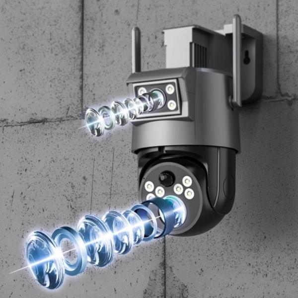 Camera de supraveghere dubla WiFi cu panou solar, 20X ZOOM optic, exterior/interior, rotire, leduri lumina, comunicare bidirectionala, alarma, acumulatori incorporati