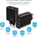 Încărcător Rapid 65W, 5 Porturi USB, 3x USB-A, 2x USB-C, Compatibil iPhone, Samsung, Xiaomi, Huawei, Multiport pentru Telefon, Smartwatch, Negru