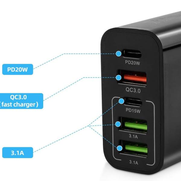Încărcător Rapid 65W, 5 Porturi USB, 3x USB-A, 2x USB-C, Compatibil iPhone, Samsung, Xiaomi, Huawei, Multiport pentru Telefon, Smartwatch, Negru