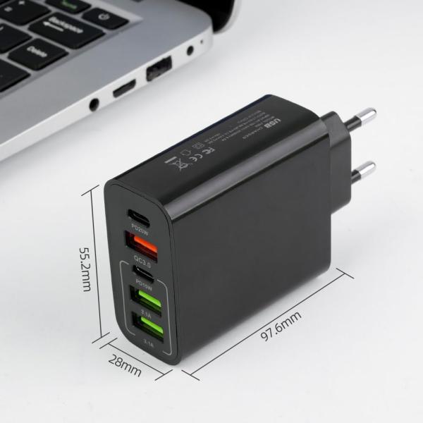 Încărcător Rapid 65W, 5 Porturi USB, 3x USB-A, 2x USB-C, Compatibil iPhone, Samsung, Xiaomi, Huawei, Multiport pentru Telefon, Smartwatch, Negru