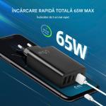 Încărcător Rapid 65W, 5 Porturi USB, 3x USB-A, 2x USB-C, Compatibil iPhone, Samsung, Xiaomi, Huawei, Multiport pentru Telefon, Smartwatch, Negru