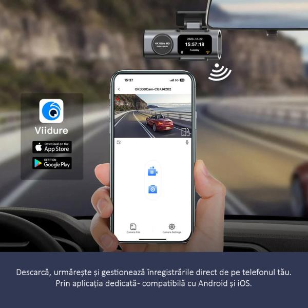 Camera Auto DVR, 4K Ultra HD, Vedere nocturna, G-Sensor, GPS, Camera marsarier, 170° unghi, Inregistrare in bucla